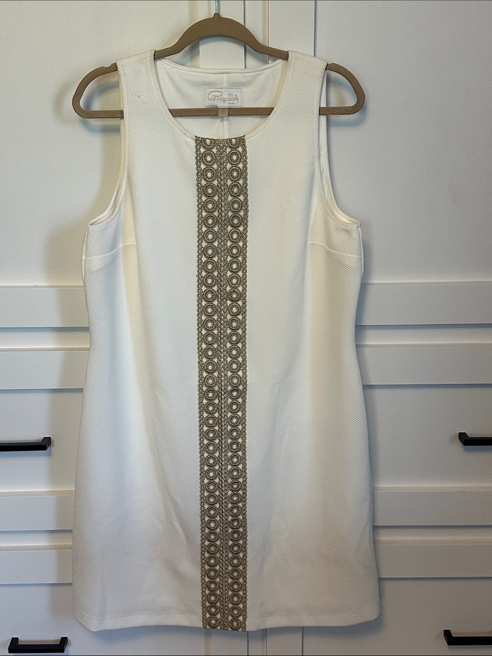 NWT Pappagallo White Sleeveless Shift Dress with Gold Trim